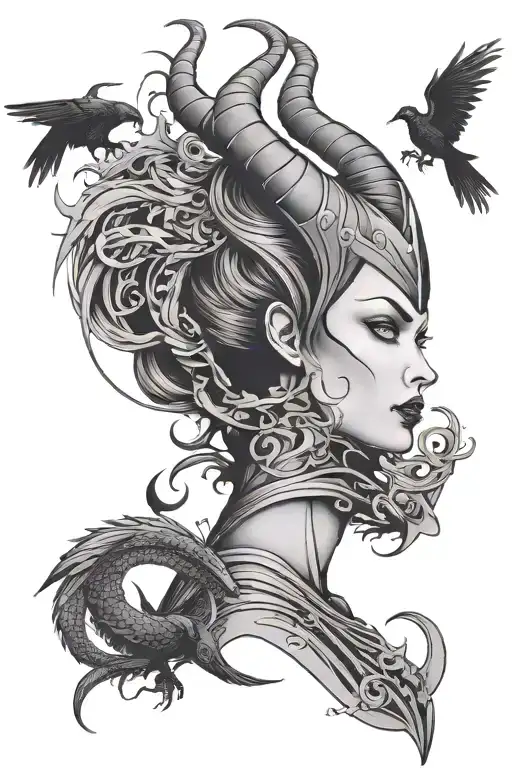 Maleficent With Crow And Dragon In The Background