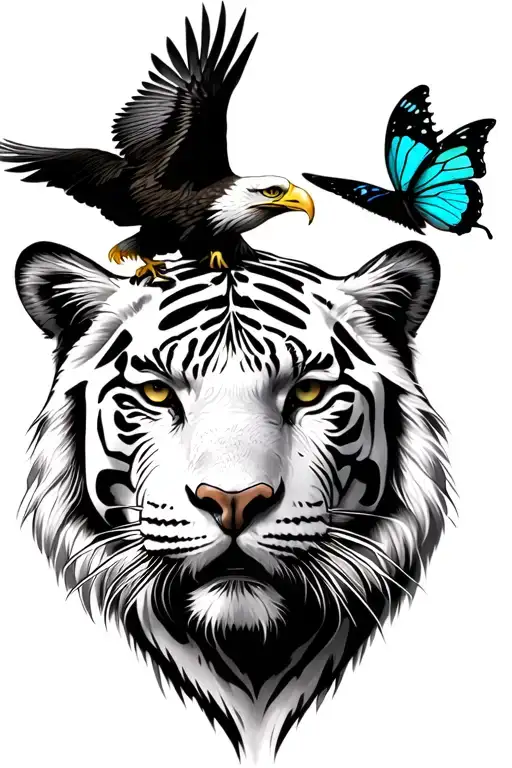 White Tiger With Bald Eagle And A Butterfly