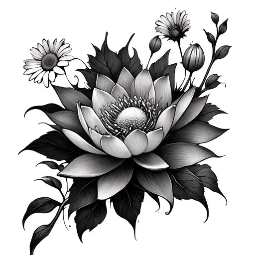 Around Forearm Tattoo With Lotus Flower And Daisy Flowers For Men