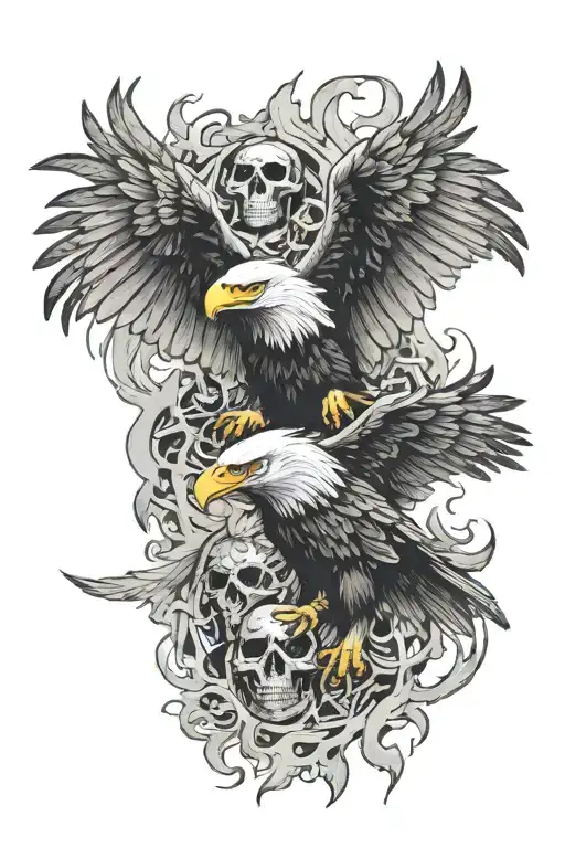 Eagle Surrounded By Flames And Skulls Facing Each Other