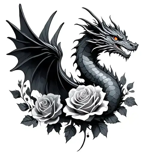 Small Flying Dragon Intertwined With Roses Intertwined
