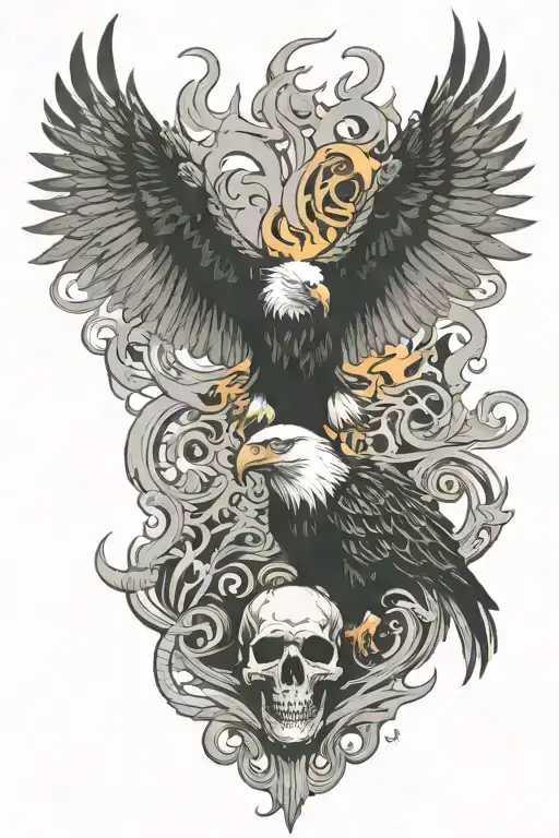 Eagle Surrounded By Flames And Skulls Facing Each Other