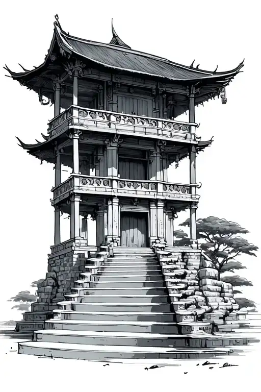 2 Story Temple With 5 Stairs Leading