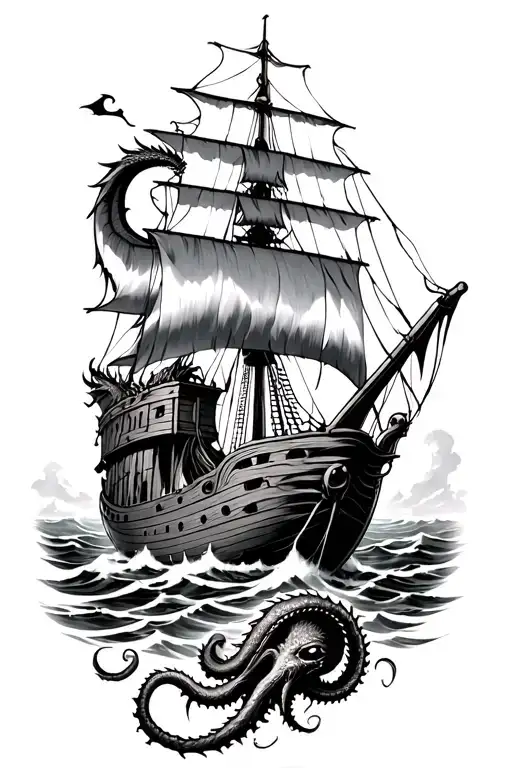 A Wooden Ship Sailing In A Storm With A Dragon Wrapped Around The Lookout And A Kraken Below The Sea