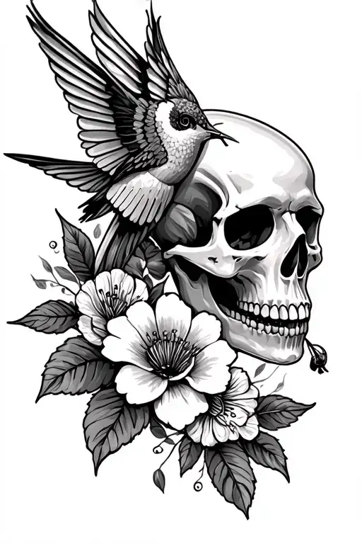 Skull And Colibri With Flowers