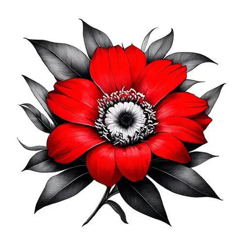 Full Lycoris Red Flower In Geometric Line Art Style