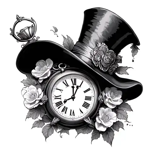 Alice Wonderland W Mad Hatter's Hat And Holding Clock