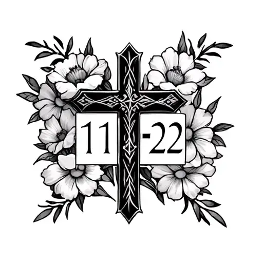 Cross With Flowers In The Middle And 1-11-22 In Roman Letters