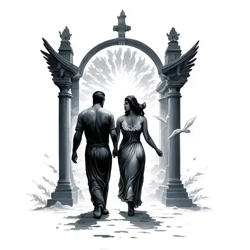 Man And A Woman Walking Into Heaven Gates