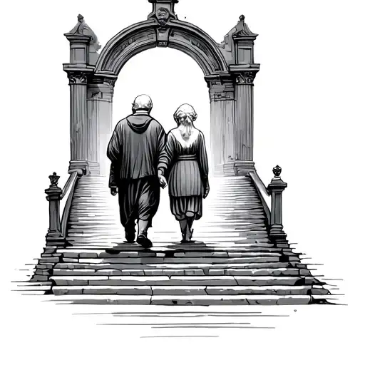 Old Man And Old A Woman Walking On Stairs Into Heaven Gates