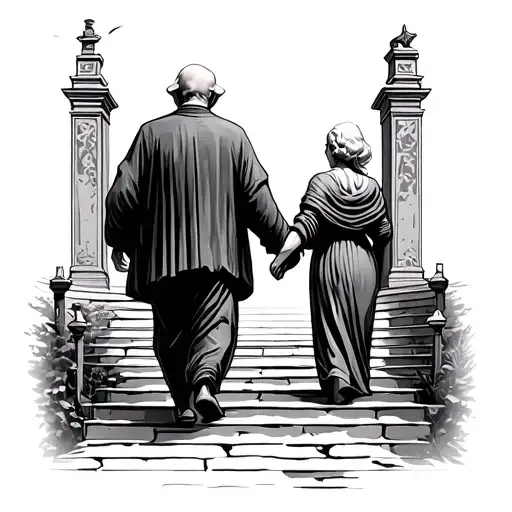 Old Man And Old A Woman Walking On Long Stairs Into Beautiful Heaven Gates