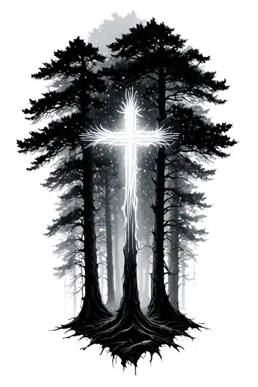 Forest With Light In Shape Of Cross Emanating