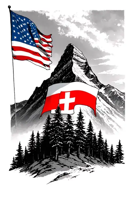Matterhorn Mountain With Trees Under And A America Flag Mixed With Swiss Flag Under It