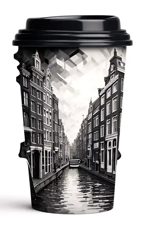 Amsterdam Cityscape With Coffee Mug Morphing And Geometrical Form Around This