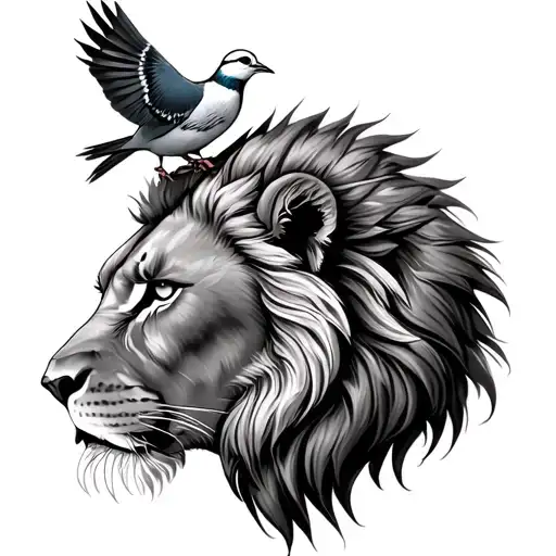 The Profile Of A Lion Head With A Wild Mane With A Turtledove In The Lion's Mane