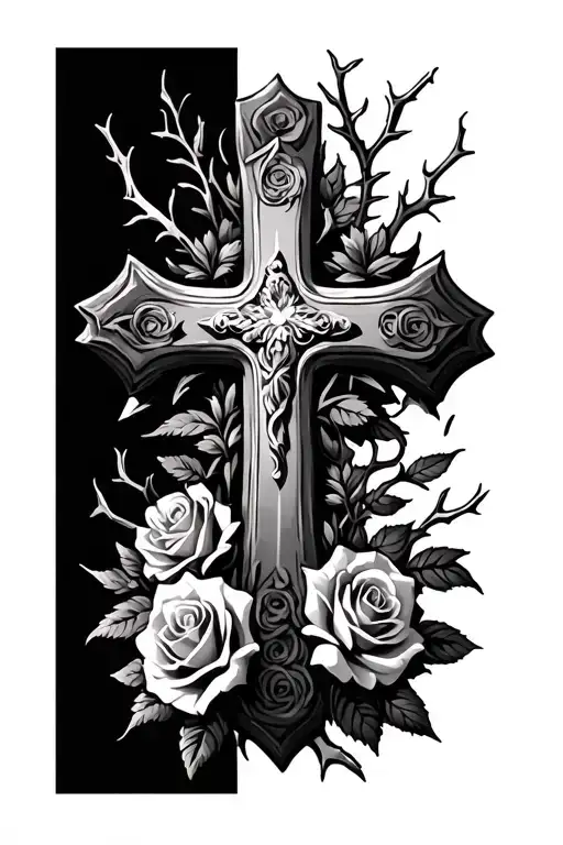 Large Cross Surrounded By Roses Flowers And Thorns