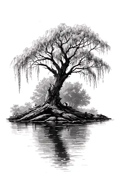 Willow Tree Dipping Into Lake Sketch