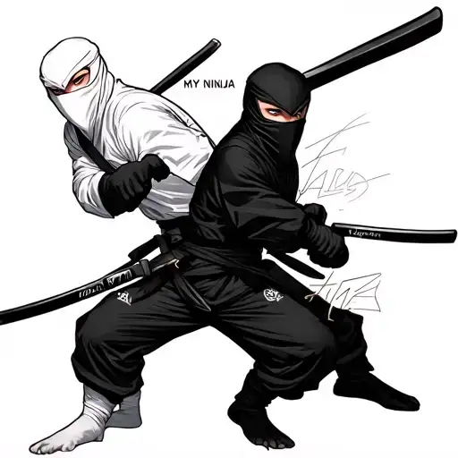 One Male White Ninja And One Male Black Ninja Posing With My Ninja Writing Across It