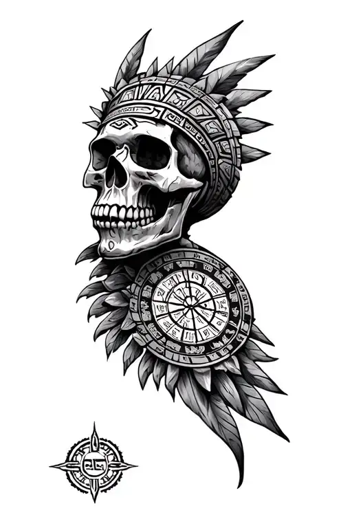 Aztec Skull And Aztef Calendar Surrounded