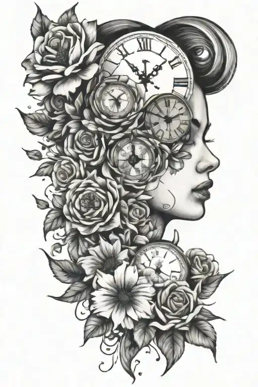 Flowers And A Girl Face And Clock Inside