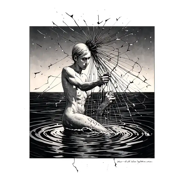 A Person Threading Water Holding Onto A Load Of Strings Going Off In All Directions Some Are Broken