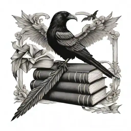 A Stack Of Books With A Raven