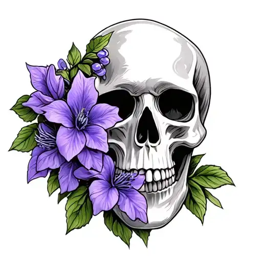 Skull And Purple Clematis Flowers Intertwined