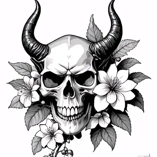 Devil Skull With Clematis Flowers