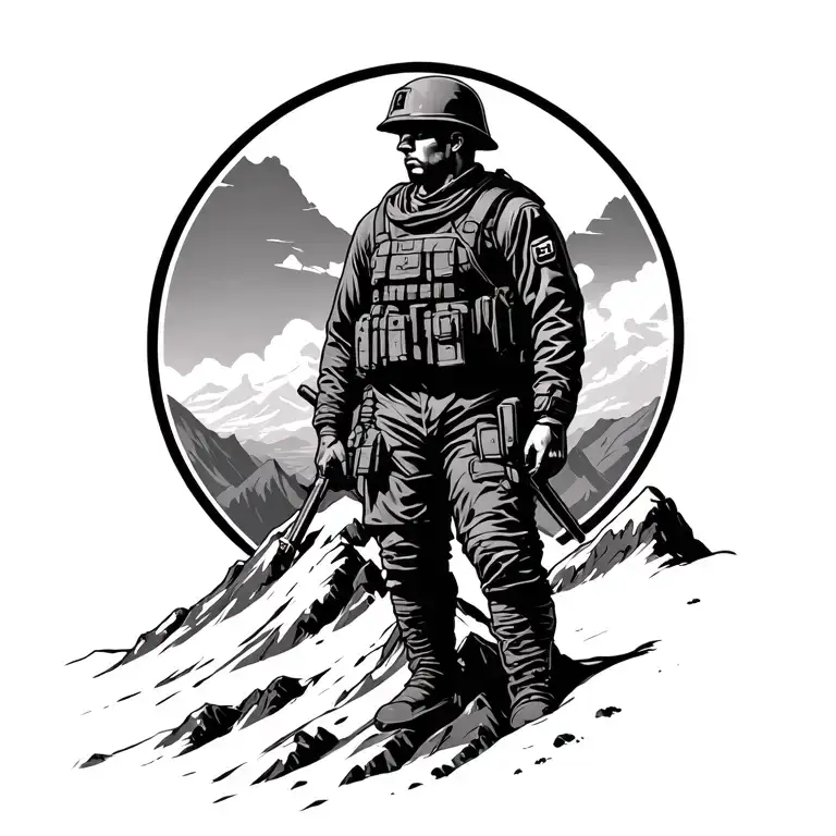 Soldier Standing Atop A Mountain