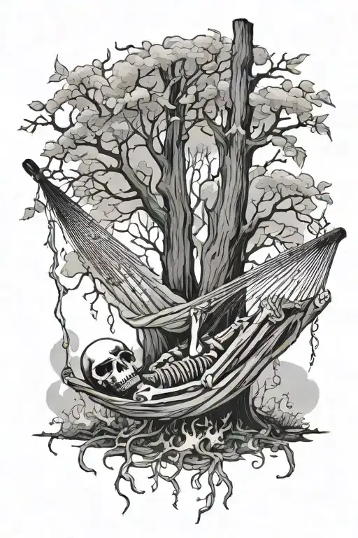 Skeleton Sleeping On Hammock Strung Between Two Trees That Are On Fire