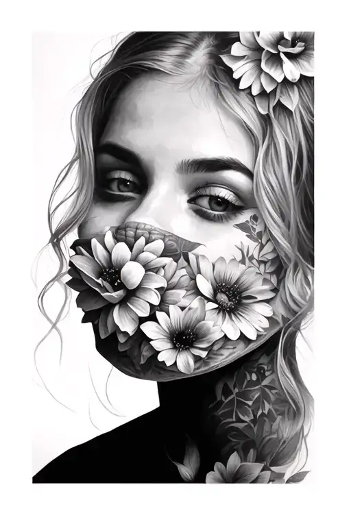 A Woman's Face With Her Mouth Covered By Flowers