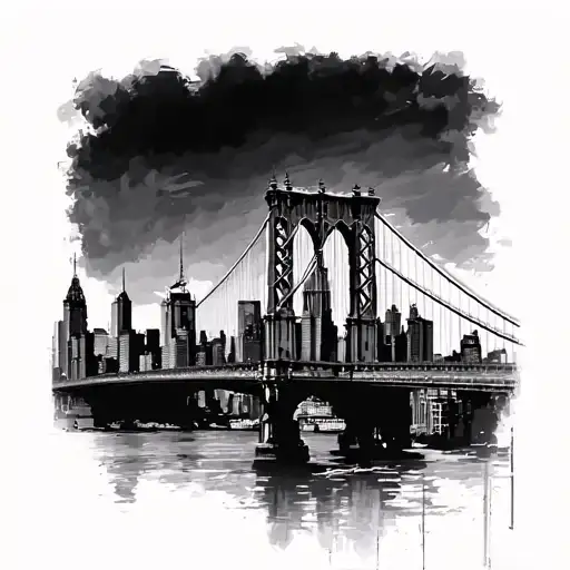 Silhouette Of New York City Skyline And A Part Of The George Washington Bridge For A Tattoo Design