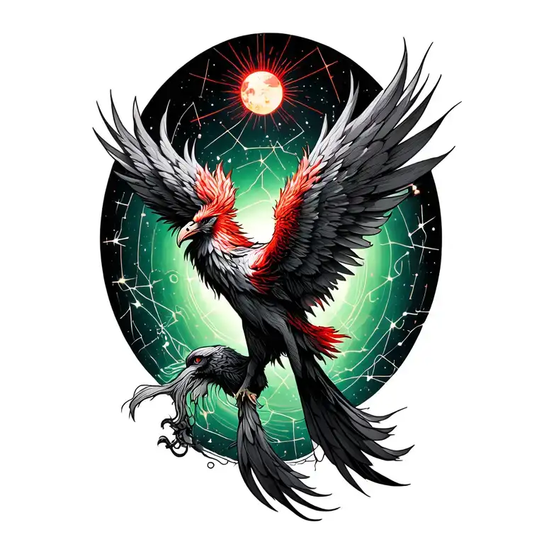 Pheonix Rising With Aquarius Green And Red Constellation Surrounded