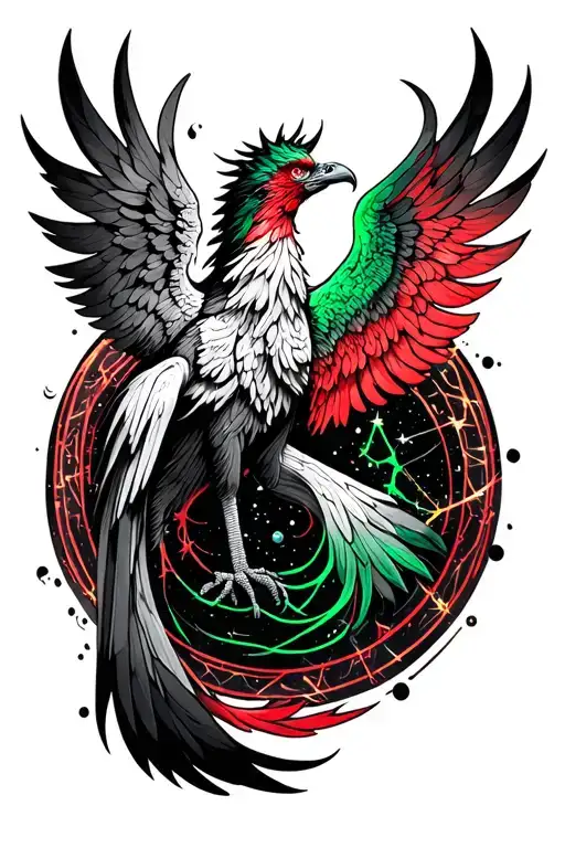 Pheonix Rising With Aquarius Green And Red Constellation Surrounded