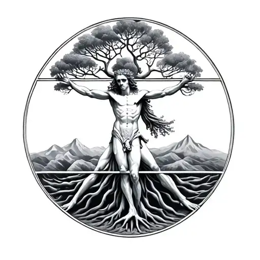 Vitruvian Man And Tree Growing
