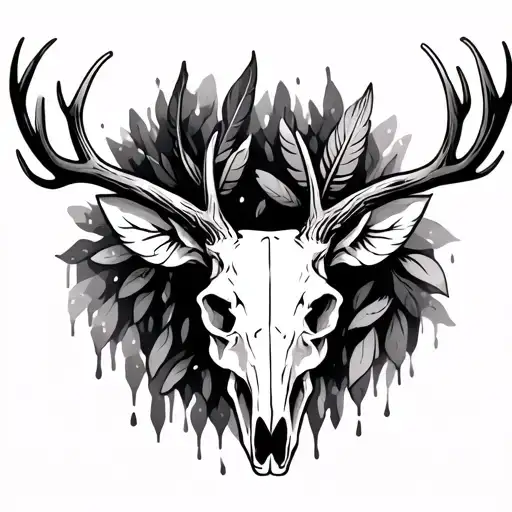 Deer Skull With Feathers Falling