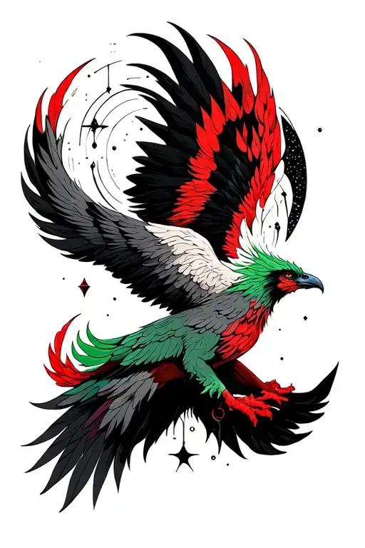Pheonix Rising With Aquarius A Tiny Bit Colored Green And Red And Red Black Constellation Surrounded