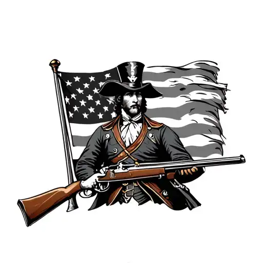 Revolutionary War Soldier Holding Flintlock Rifle In Front Of Betsy Ross Flag With Banner