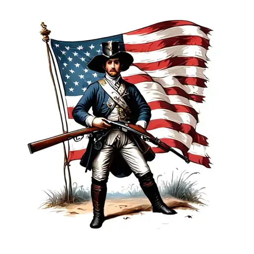 Revolutionary War Soldier Holding Flintlock Rifle In Front Of Betsy Ross Flag With Banner