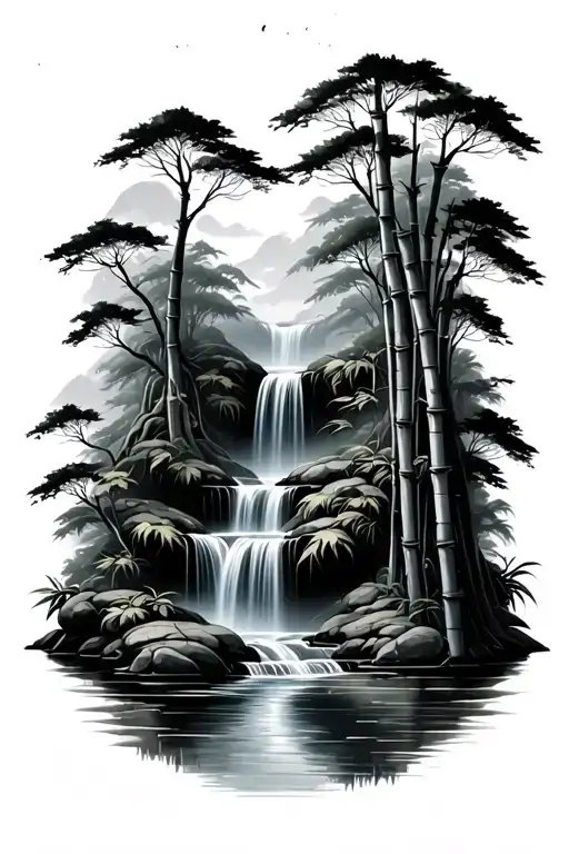 Bamboo Forest With Waterfall Cascading