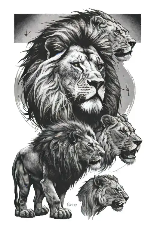 Forearms Tatto Upper Side Lion Roaring And Down Side Parents With Son And Down Side One Compass