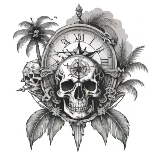 See Palm Trees Skull Clock Ship Compass