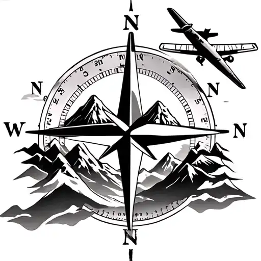 Compass Tattoo With Mountains And An Airplane