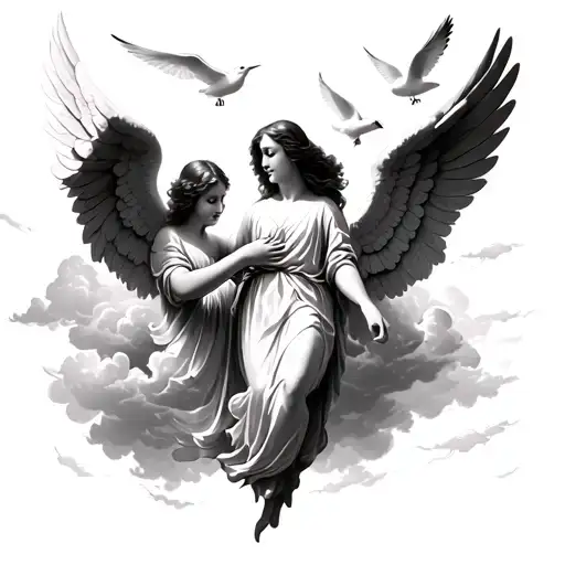 Angels And Clouds And Doves Flying