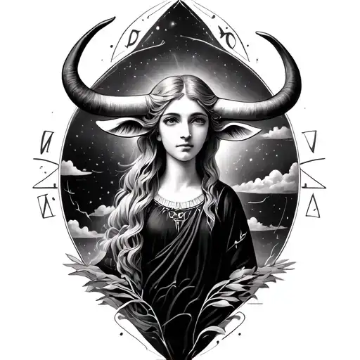 Taurus Zodiac Symbol Mixed With Virgo Girl With Sky Around It