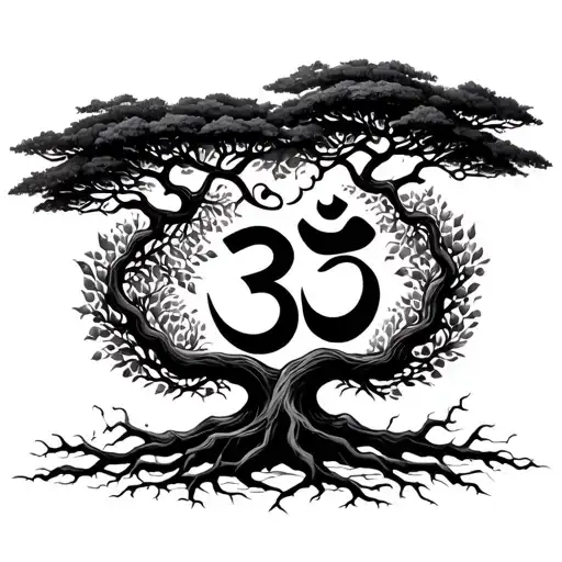 Tree Of Life Intertwined With Om Symbol In Roots Intertwined