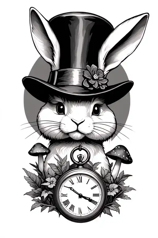 White Rabbit Wearing Mad Hatters Hat With A Time Piece And Mushrooms