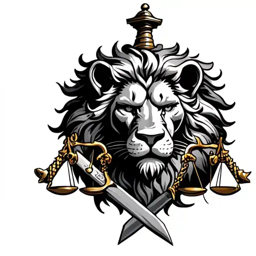 Lion Head Crossed Swords And Scales Of Justice
