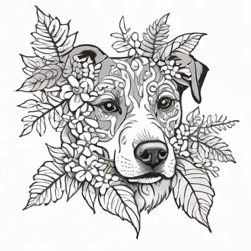 Dog Face Surrounded By Fern Leaves And Dogwood Flowers