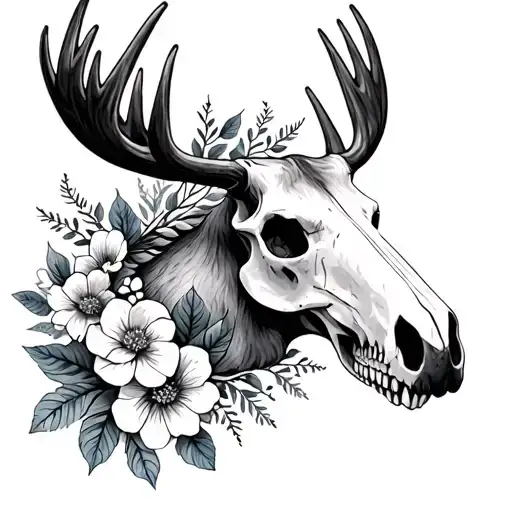 Moose Skull With Flowers Intertwined